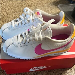 Nike White and Pink Cortez Sneakers